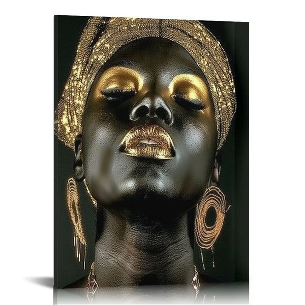 Black and Golden Black Woman Portrait Affiche Impression Imposcable Décorations de maison Méditation African Girl Room Wall Art Canvas Paint pour le salon décor mural de salon