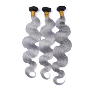 Noir et gris Ombre brésilienne cheveux humains tissage faisceaux racine foncée 3 pièces 1BSilver gris Ombre vierge cheveux trames vague de corps cheveux Exte5206857