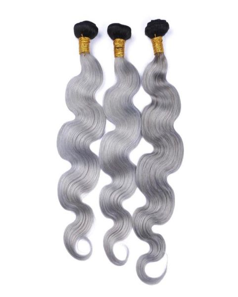 Noir et Gris Ombre Brésilienne Cheveux Weave Bundles Foncé Racine 3Pcs 1BSilver Gris Ombre Vierge Trames de Cheveux Vague de Corps Cheveux Exte1898854