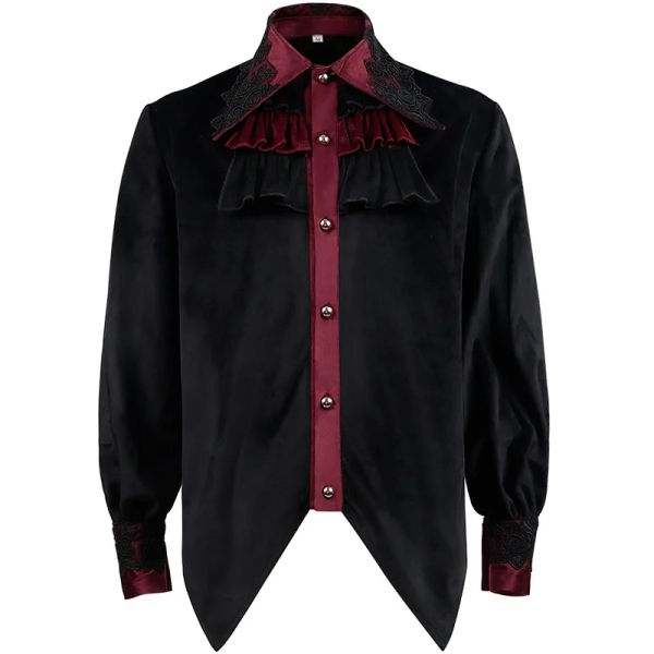 Camisa gótica Steampunk para hombre, Top Vintage Medieval renacentista con cuello vuelto bordado de franela negra y roja, camisa Steampunk 2023