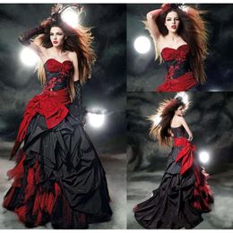 Black and Red Gothic 2021 mariage Modest Sweetheart Ruffles Satin lacet-up Back Corset Top Robes Robes nuptiales 0509