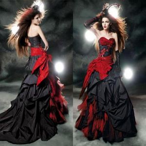 Zwart En Rood Gothic Trouwjurken 2019 Vintage Hofstijl Liefje Ruche Taffeta Tot de Grond Grote Strik Sexy Korset Bruids Go221g