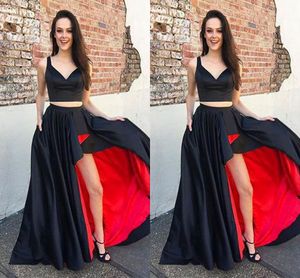 Negro y rojo Hi Lo Vestido de fiesta Vestidos de noche 2019 Dos piezas de espagueti con cuello en v Ruffle Vestido formal Vestidos de fiesta Vestido largo de satén simple