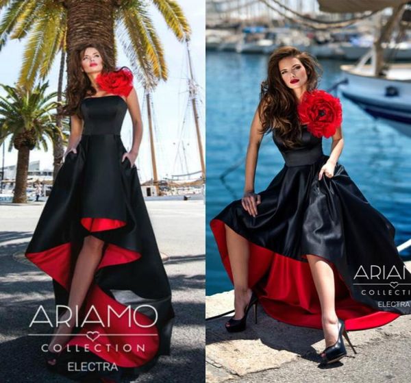 Vestidos de fiesta en negro y rojo Volantes sin tirantes Satén Una línea Vestidos de noche altos y bajos Hasta el suelo Vestidos de fiesta formales baratos robe de s9938970