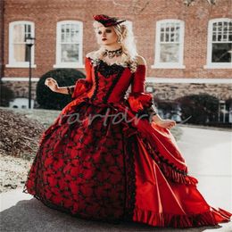 Zwart en rood renaissance gotische trouwjurk Georgische gravin Veronika Victoriaanse off-shoulder kant middeleeuwse rococo baljurk vampier vestidos novias boda 2024