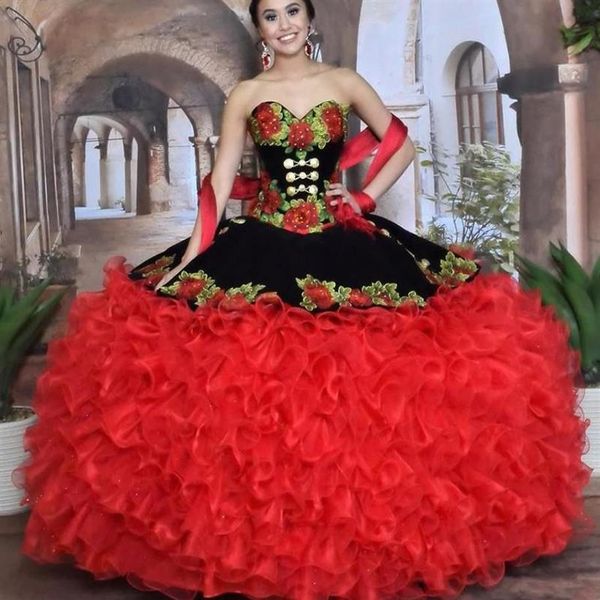 Negro y rojo dulce 16 vestidos de quinceañera con falda removible apliques de flores cariño falda con gradas vestido de mascarada 2021257g