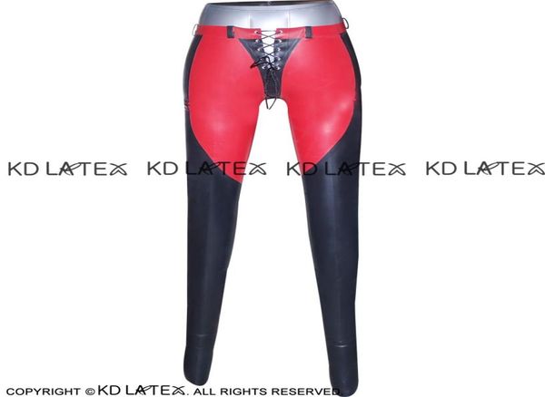 Pantalons sexy en latex avec bordures noires et rouges, leggings avec laçage avant et arrière, jeans en caoutchouc, 00109863830