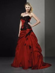 Zwarte en rode vintage gotische A-lijn trouwjurken veer Appliques taffeta kleurrijke westerse land veter korset bruidsjurken