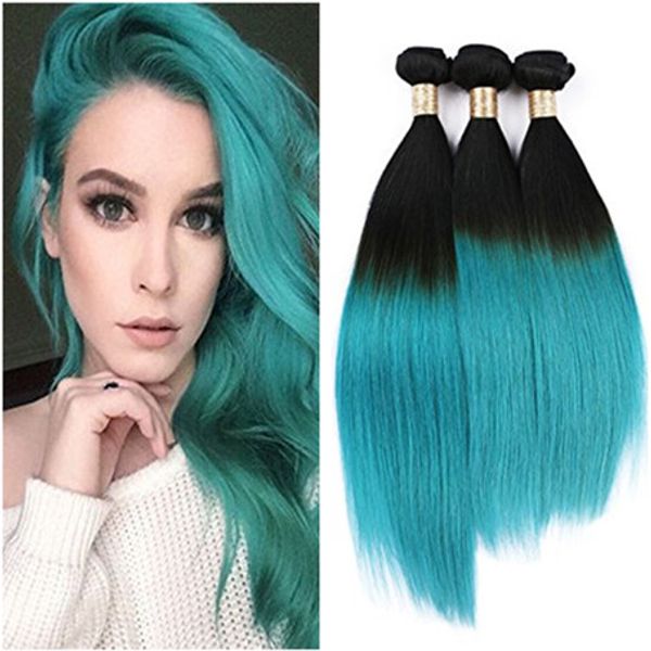 Negro y verde azulado Ombre Virgen Cabello humano peruano teje Extensiones Sedoso Recto # 1B / Verde Ombre Tramas de cabello humano 3 paquetes Ofertas