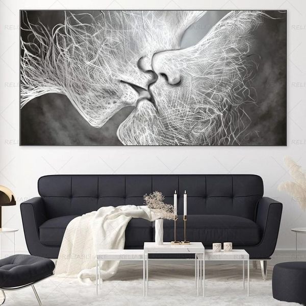 Affiches et imprimés de baiser abstraits en noir et blanc, peinture sur toile, images d'art murales pour salon, décoration de maison moderne Cuadros245u