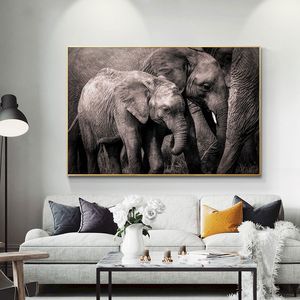 Zwart -wit Afrische olifanten olieverfschilderij op canvas Scandinavische posters en prints Cuadros Wall Art for Living Room