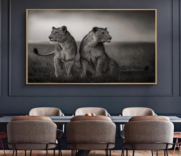Póster y estampados de león africano en blanco y negro Carteles de animales salvajes de paisaje Pintura Arte de la naturaleza Imagen de pared para sala de estar7730223