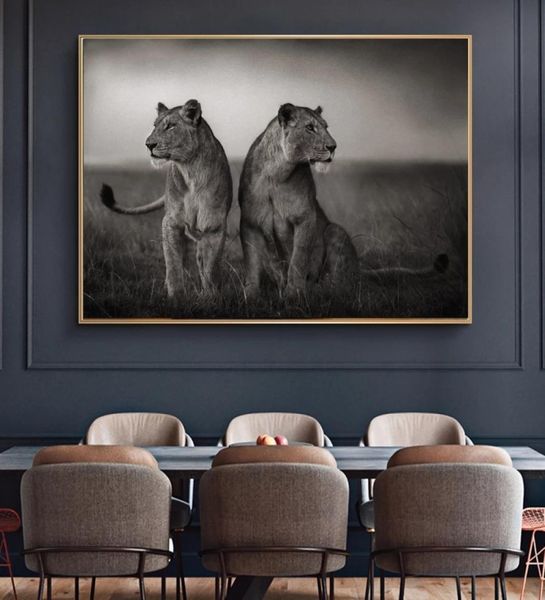 Black and White African Lion Wild Animal Affiches et imprimés Toile paysage peinture Art Nature Mur Image pour le salon6915927