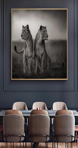 Affiches et imprimés d'animaux sauvages de Lion africain noir et blanc, peinture sur toile de paysage, image murale naturelle pour salon 3514268