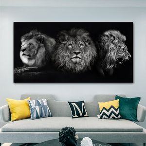 Noir et Blanc Animal Peinture Trois Lions Mur Art Toile Peintures Affiches et Impression Impressions Sur Toile pour Salon Décoration