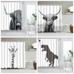 Noir et blanc animaux motif salle de bain rideau girafe salle de bain rideau tissu rideau de douche anneaux 3D pour bain décoratif 210402