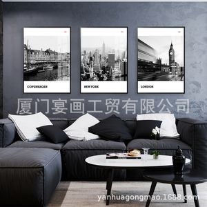 Peinture de paysage d'architecture en noir et blanc, peinture de décoration de salon, porche de chambre à coucher, noyau de peinture de ville européenne et n