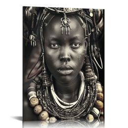 Obra de arte en blanco y negro para paredes Mujeres africanas Mujeres Imágenes Indígenas Civilización Arte Pinturas 1 pieza Canvas moderno obras de arte enmarcadas listas para colgar ('' 16x20 '')