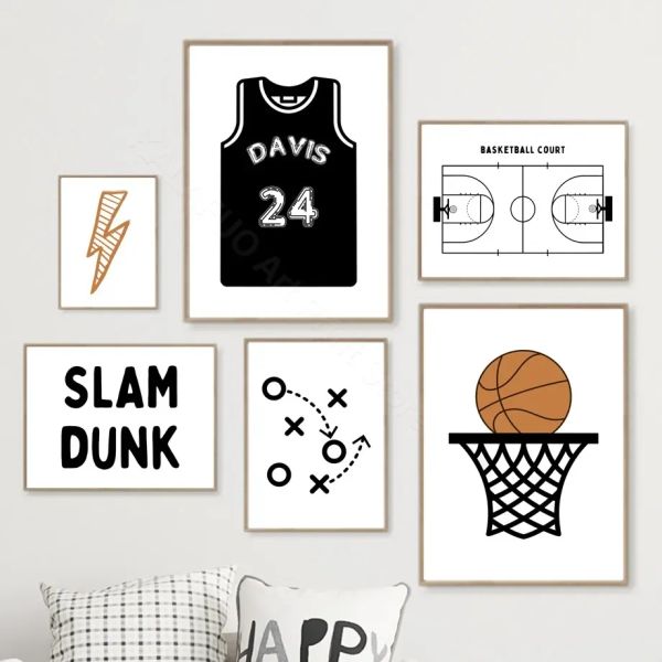 Black and White Boy Sport Basketball Shirt Nom personnalisé Affiche Mur Art Print toile PEINTURE PICHNE POUR LES ENFANTS DÉCOR