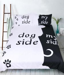 Cubierta de edredón de ropa de cama con estampado de gato y perrito en blanco y negro