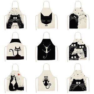 Tablier en lin de dessin animé de chat noir et blanc, pour la cuisine à domicile, sans manches, col licou, anti-taches, bavoir de taille pour enfants