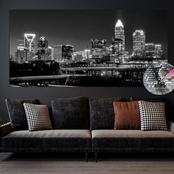 Black and White Charlotte Night View Diamond Painting Diy Mosaic City Skyline Jewelry Cross Crost Kits Home Decor Full Force