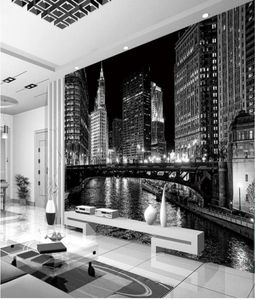 Murales de noche de ciudad en blanco y negro mural papel tapiz 3d papeles de pared 3d para telón de fondo de televisión 5642232
