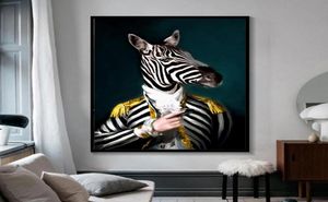 Noir et blanc chic Lion tigre éléphant girafe loup cheval mur Art affiches et impressions Animal portant un chapeau toile peinture 4786418