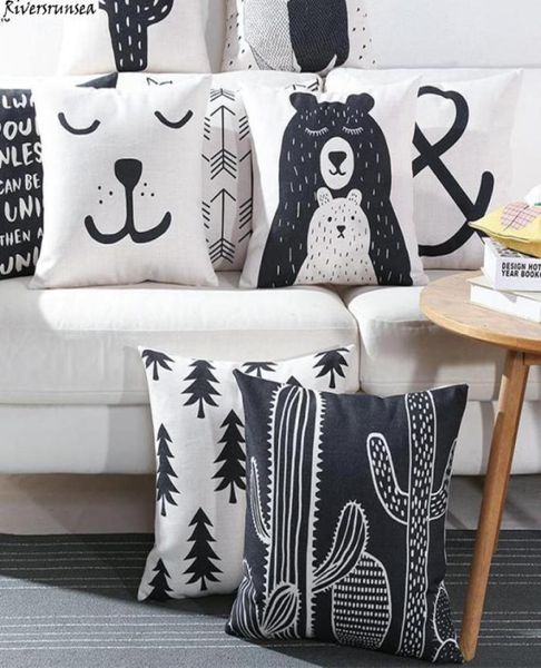 Housse de coussin ours mignon noir et blanc, joli dessin animé Animal Cactus plante géométrique, taie d'oreiller Style nordique pour chaise de maison 2864526