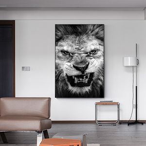 Noir et blanc féroce lion toile Art peinture affiches et impressions Cuadros décor à la maison mur Art photo pour salon