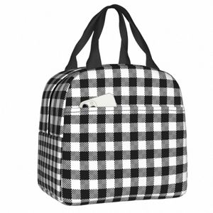 Noir et blanc Vichy Lunch Box Femmes Géométrique À Carreaux Plaid Refroidisseur Alimentaire Thermique Sac À Lunch Isolé Pour Le Travail Sacs De Pique-Nique P3Pj #