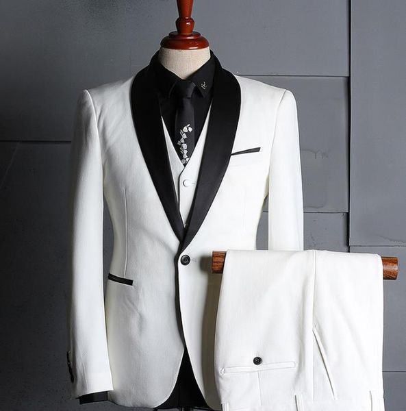 Esmoquin de novio blanco y negro, pantalones de boda, abrigo, chaqueta de padrino, 3 piezas (chaqueta + pantalón + chaleco), trajes de hombre, traje de fiesta de graduación personalizado