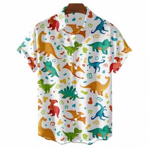 Camiseta hawaiana en blanco y negro Camisa de hombre Lindo estampado de dinosaurio Ropa de hombre Camisa Solapa de gran tamaño Camiseta de manga corta Blusa g6cR #