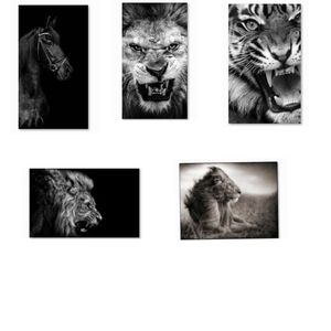 Zwart -wit paard Lion Tiger Canvas Art Painting Posters and Prints Scandinavian Cuadros Wall Art Picture voor woonkamer