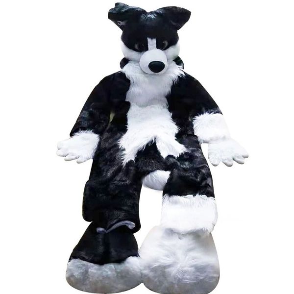Costume de mascotte de fourrure moyenne et longue de renard Husky noir et blanc marche Costume d'Halloween jeu de rôle de fête