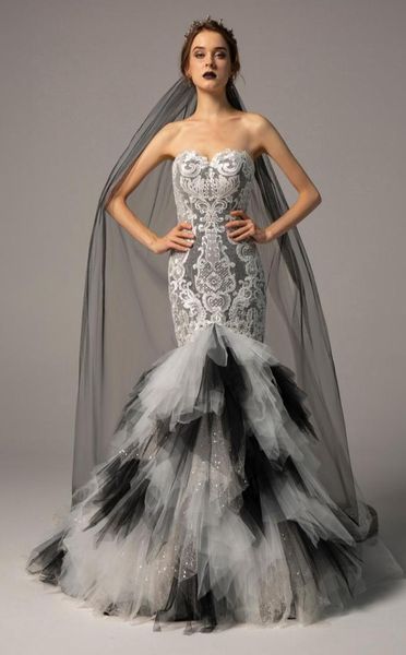 Robes de mariée sirène ivoire noir et blanc robes gothiques chérie volants jupe robe de mariée formelle avec couleur sur mesure Made1764853
