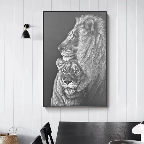 Toile d'art avec croquis de Lions noirs et blancs, affiches et imprimés de la famille des Lions africains, images murales d'animaux, décoration de maison