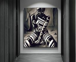 Póster de mujer africana con patrón en blanco y negro, pintura en lienzo impreso en HD, figura única, imágenes artísticas de pared, decoración para sala de estar, Mural2401943