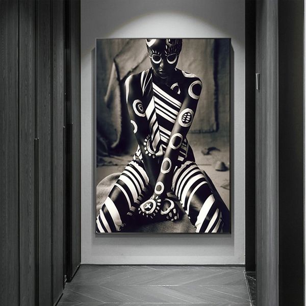 Noir et blanc motif femme africaine affiche HD impression toile peinture Unique Figure mur Art photos salon décor Mural