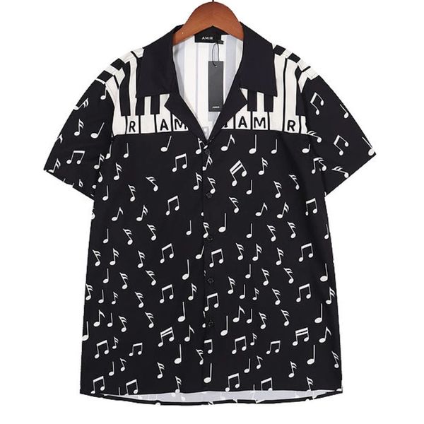 Camisas con estampado de notas de Piano en blanco y negro para hombre, camisa informal de manga corta de alta calidad, ropa de calle social, camisas de vestir de negocios