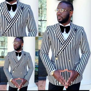 Zwart-wit Pinstripe Wedding Tuxedos Jacket Broek Pas Double Bruted Groom GroomsMen Suit Mens 'Business Formal Wear