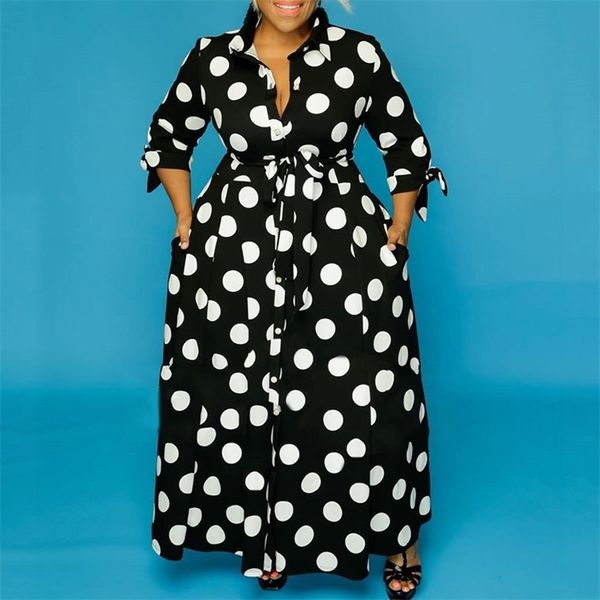 Robe à pois noir et blanc grande taille 4xl 5xl longueur de plancher à manches longues simple boutonnage automne mode robe de soirée 210915