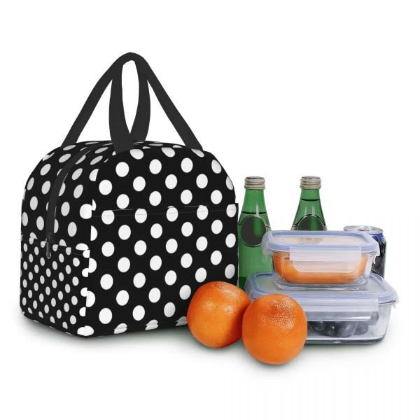 Bolsa de almuerzo de lunares en blanco y negro para mujeres con aislamiento portátil Cooler Box de almuerzo de comida de trabajo Escuela Bolsas de picnic de viaje