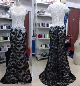 Zwart -wit prom -jurken naakt voering 2015 Real Lace Mermaid Sheer Crew halslijn Cap mouwen kralen sweep trein avondjurken d4242824