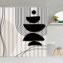 Rideau de douche noir et blanc abstrait milieu du siècle moderne minimaliste géométrique dessin au trait esthétique vintage décoration de salle de bain 240328