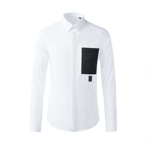 Camisa de hombre con bolsillo de empalme en blanco y negro, camisa de hombre de negocios delgada de manga larga de color sólido, camisas de vestir de algodón 100% puro 2021