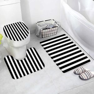 Mat de bain à rayures en noir et blanc ensemble moderne minimaliste de la flanelle géométrique minimaliste décoration de salle de bain des tapis de toilettes à couvercle de couvercle de toilette 240508
