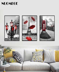 Zwart -witte toren Red Umbrella Canvas schilderen Paris Street Wall Art Poster Prints Decoratief beeld voor woonhuis X07269519886