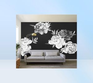 Noir et blanc aquarelle pivoine Rose fleurs autocollant mural décor à la maison salon chambre d'enfants sticker mural fleurs décoration 2205237537415