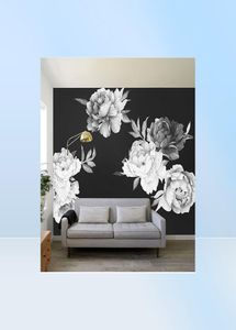 Aquarelle en noir et blanc pivoine des fleurs de rose autocollant mural décor à la maison salon